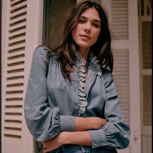Sezane Embroidered Chlo Blouse in Chambray